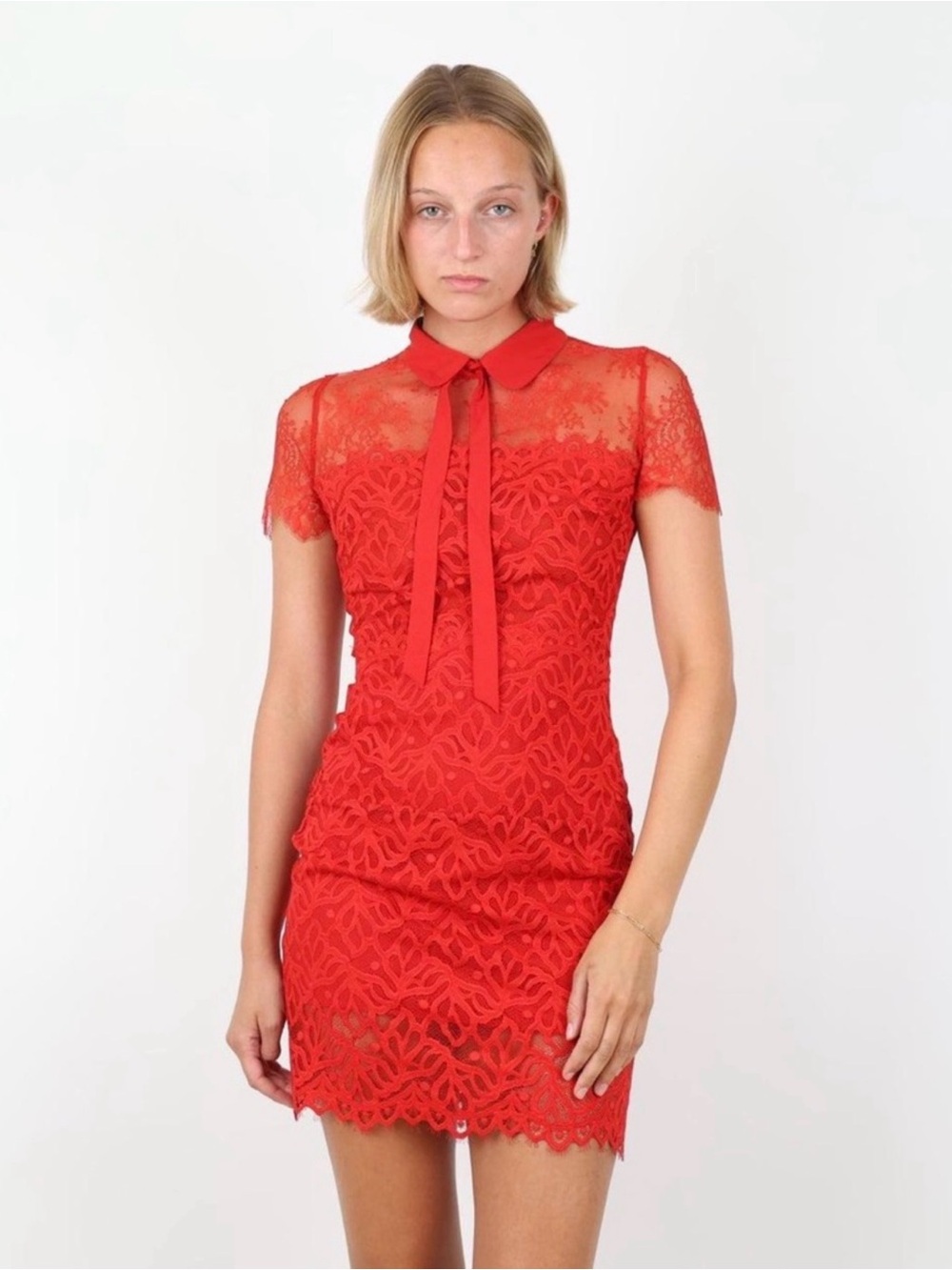 Red Lace Tie-Neck Mini Dress